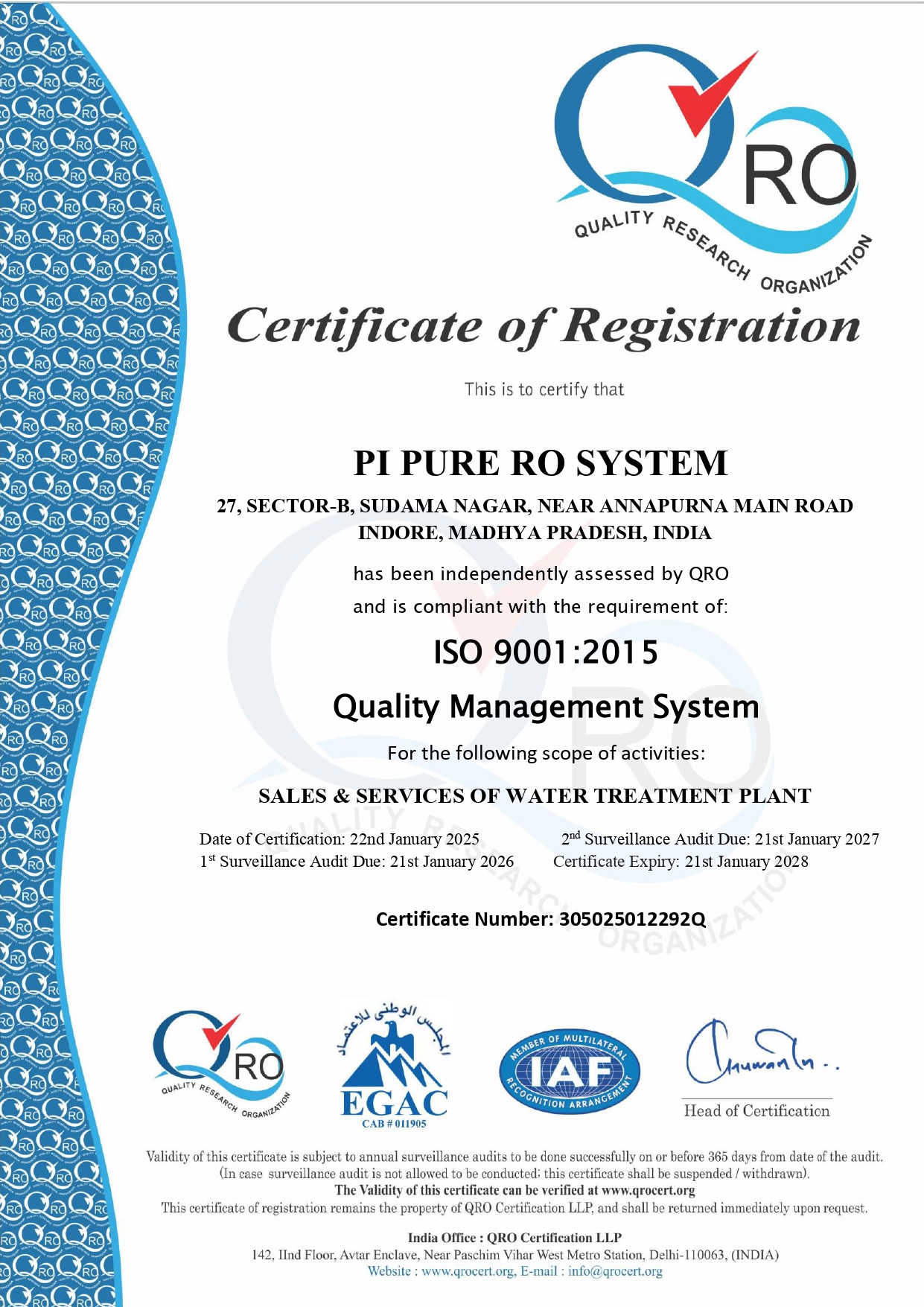 305025012292q pi pure ro system iso 9001 2015 page 0001